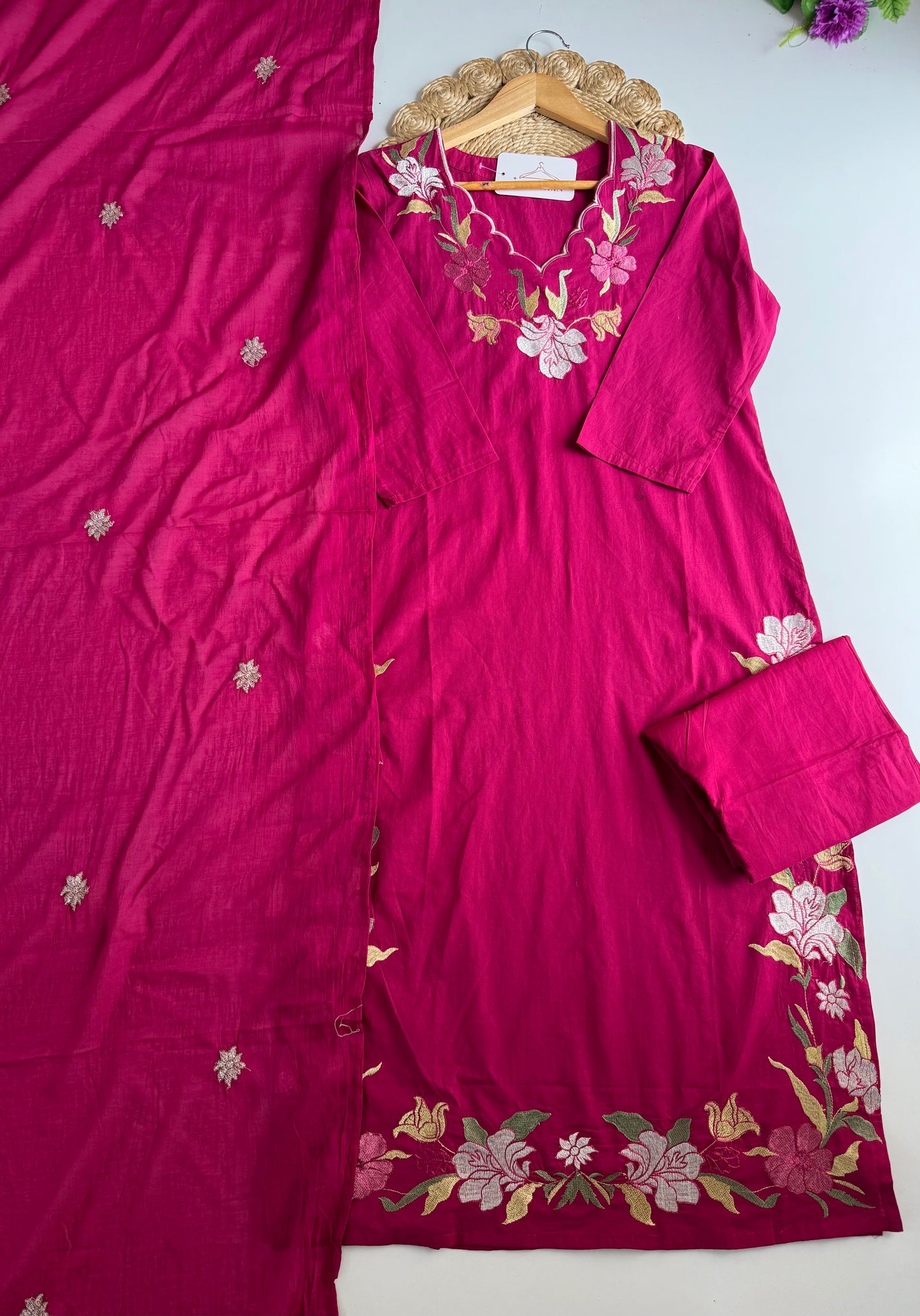 K114 - Mul cotton embroidered straight Kurti with pants and dupatta