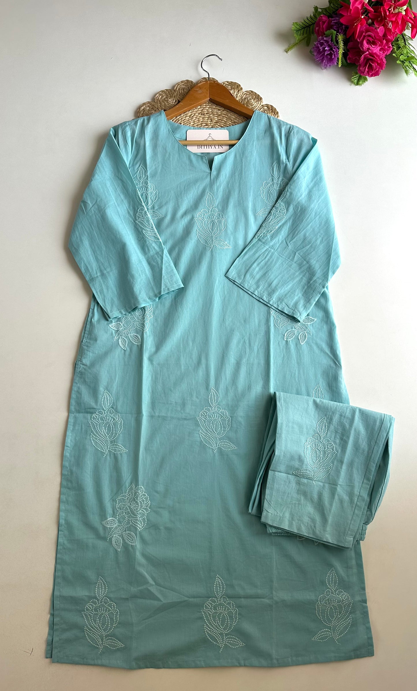 K237 - Mul cotton embroidered straight Kurti with pants