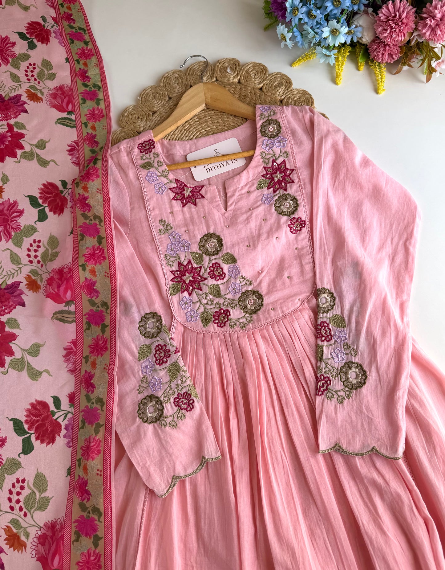 K089 - Mulmul cotton embroidered Anarkali with pants and dupatta