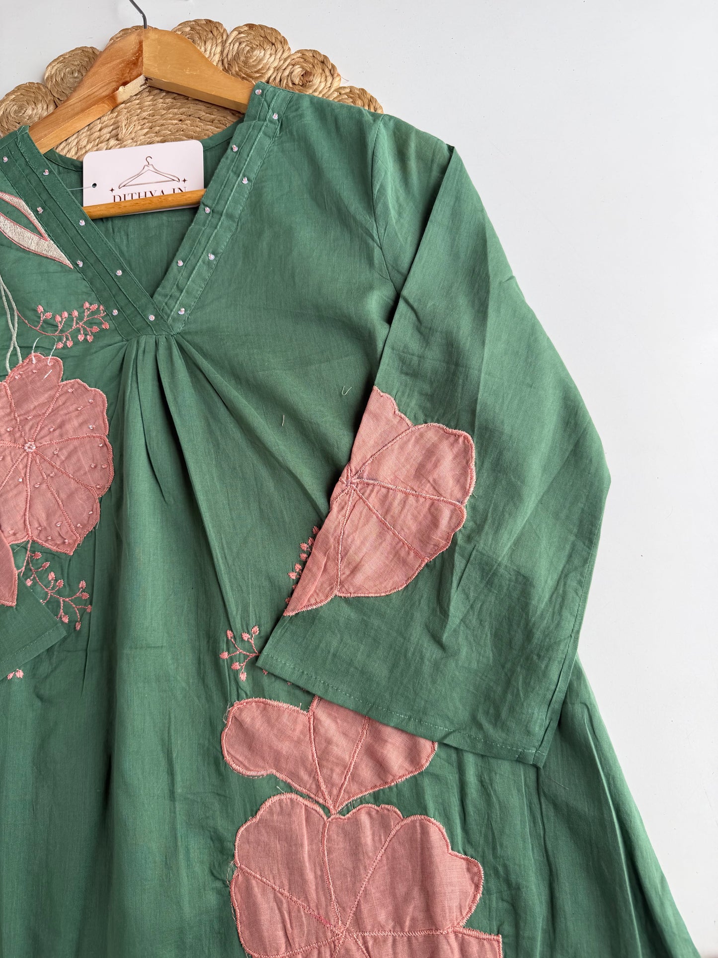 K372 - Mul cotton embroidered Aline Kurti with pants and dupatta