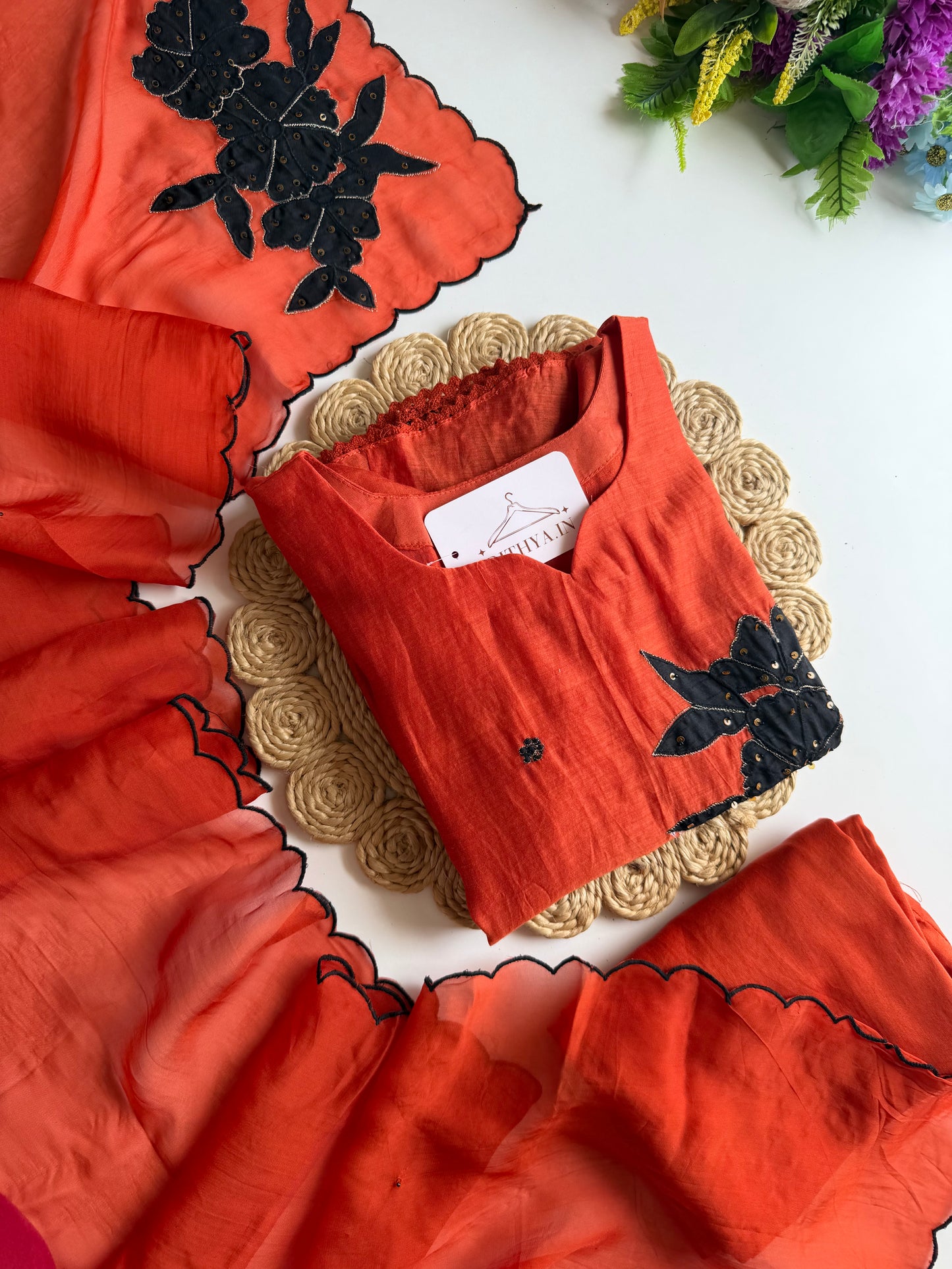 K391 - Mul chanderi handwork aline Kurti with pants and dupatta