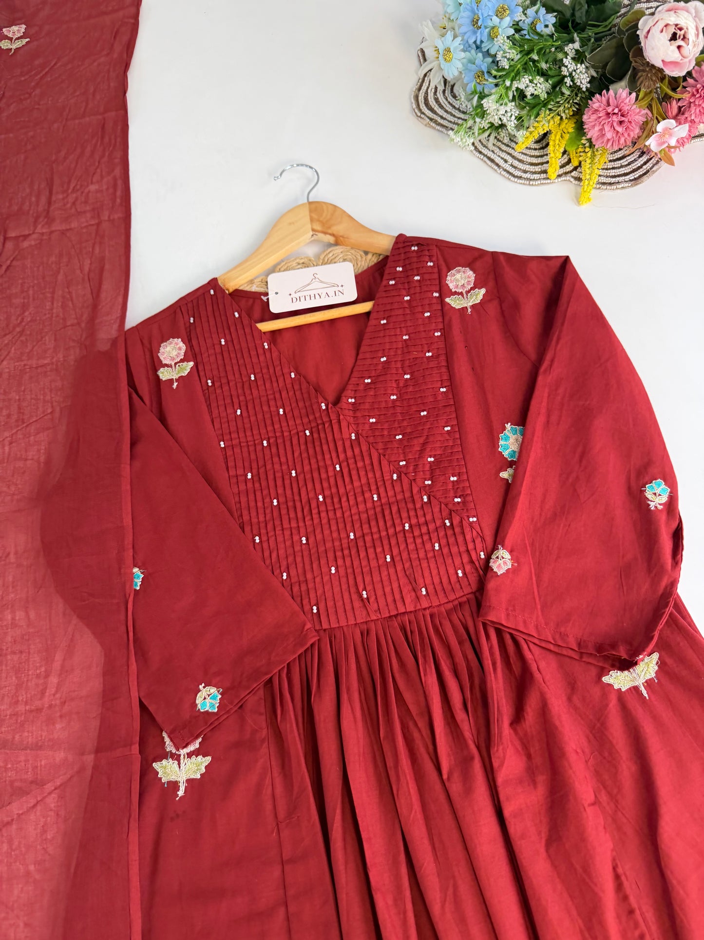 K651 - Mul cotton embroidered Anarkali with pants and dupatta