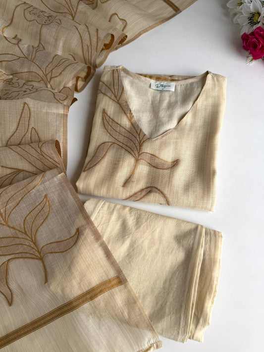 K172 - Chanderi silk embroidered straight Kurti with pants and dupatta
