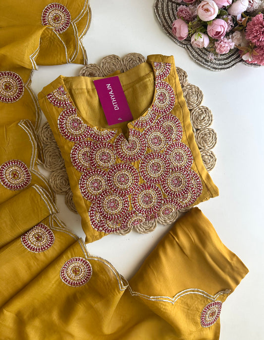 K169 - Mul Chanderi handwork Aline Kurti with pants and dupatta