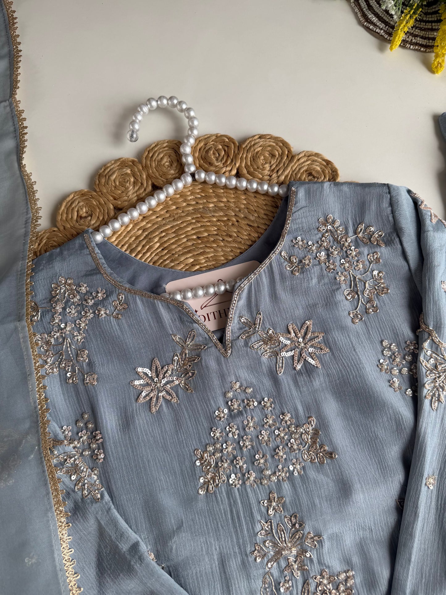 K670 - Pure Chinnon handwork short Kurti with pants and dupatta