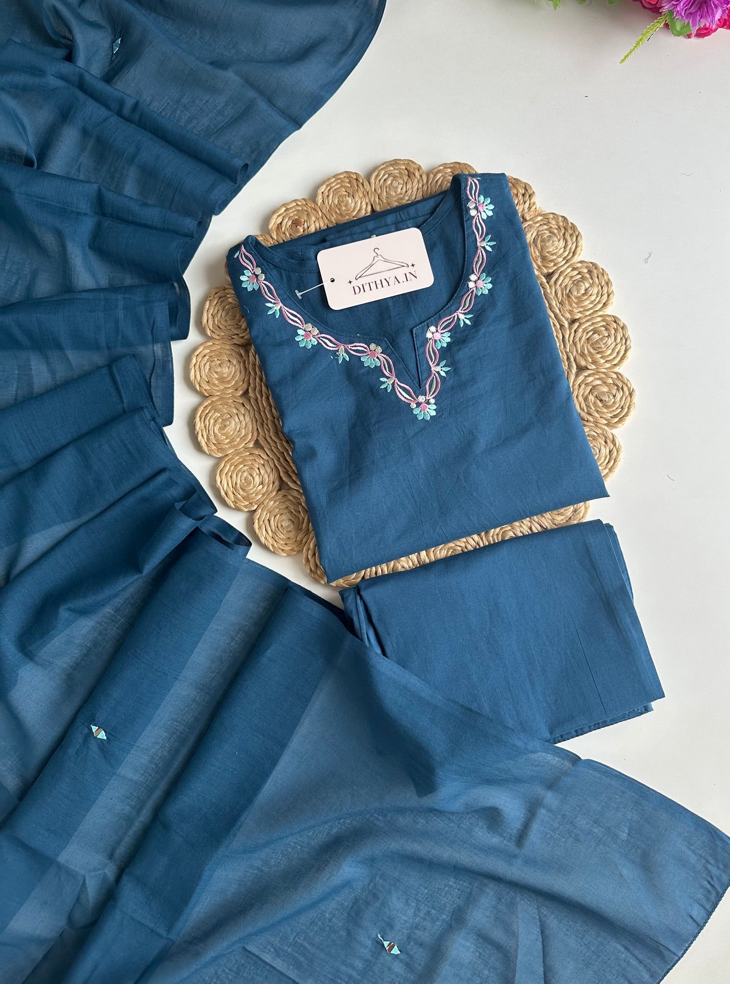 K198 - Mul cotton embroidered straight Kurti with pants and dupatta