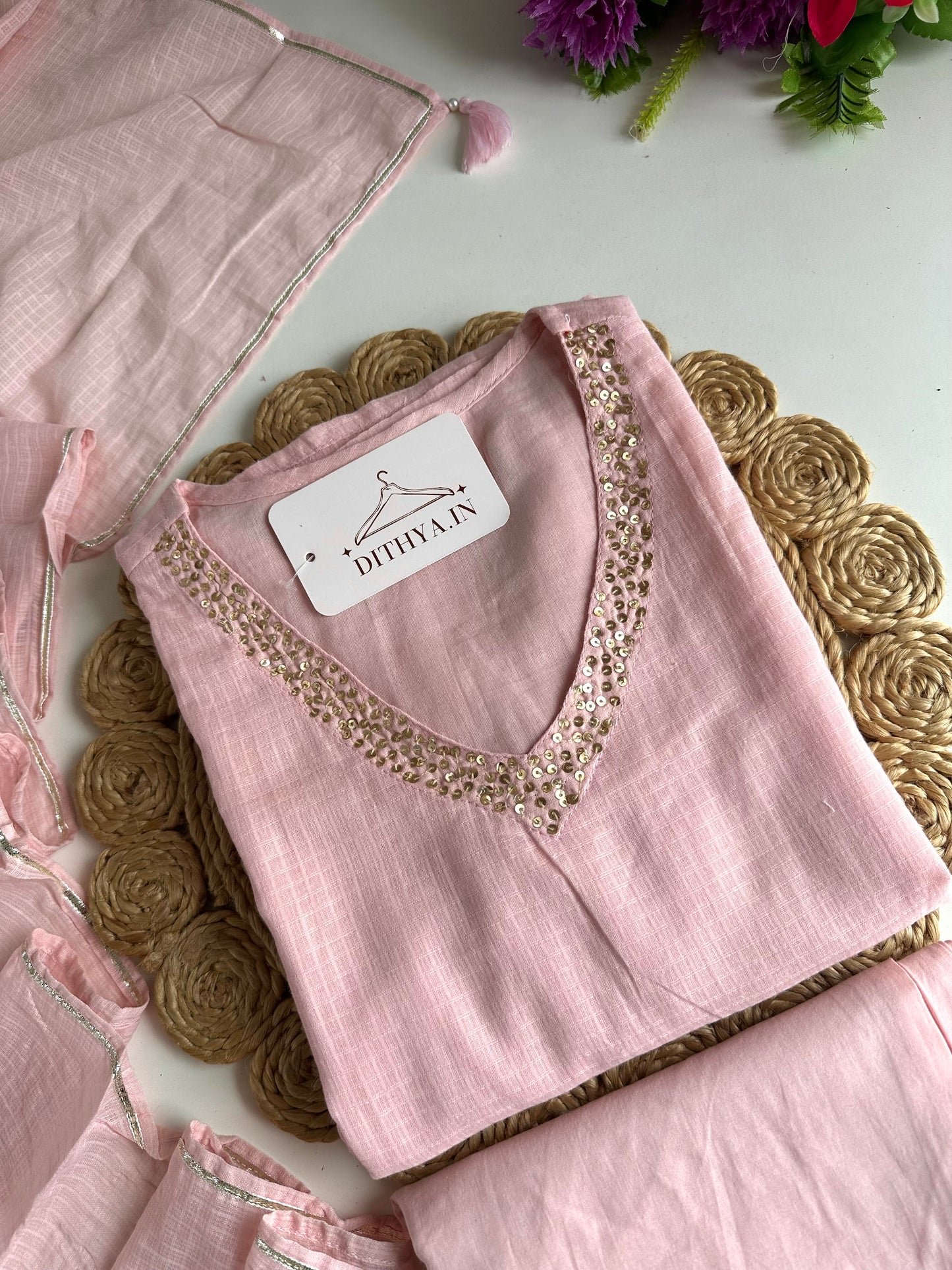 K697 - Kota doriya embroidered straight Kurti with pants and dupatta