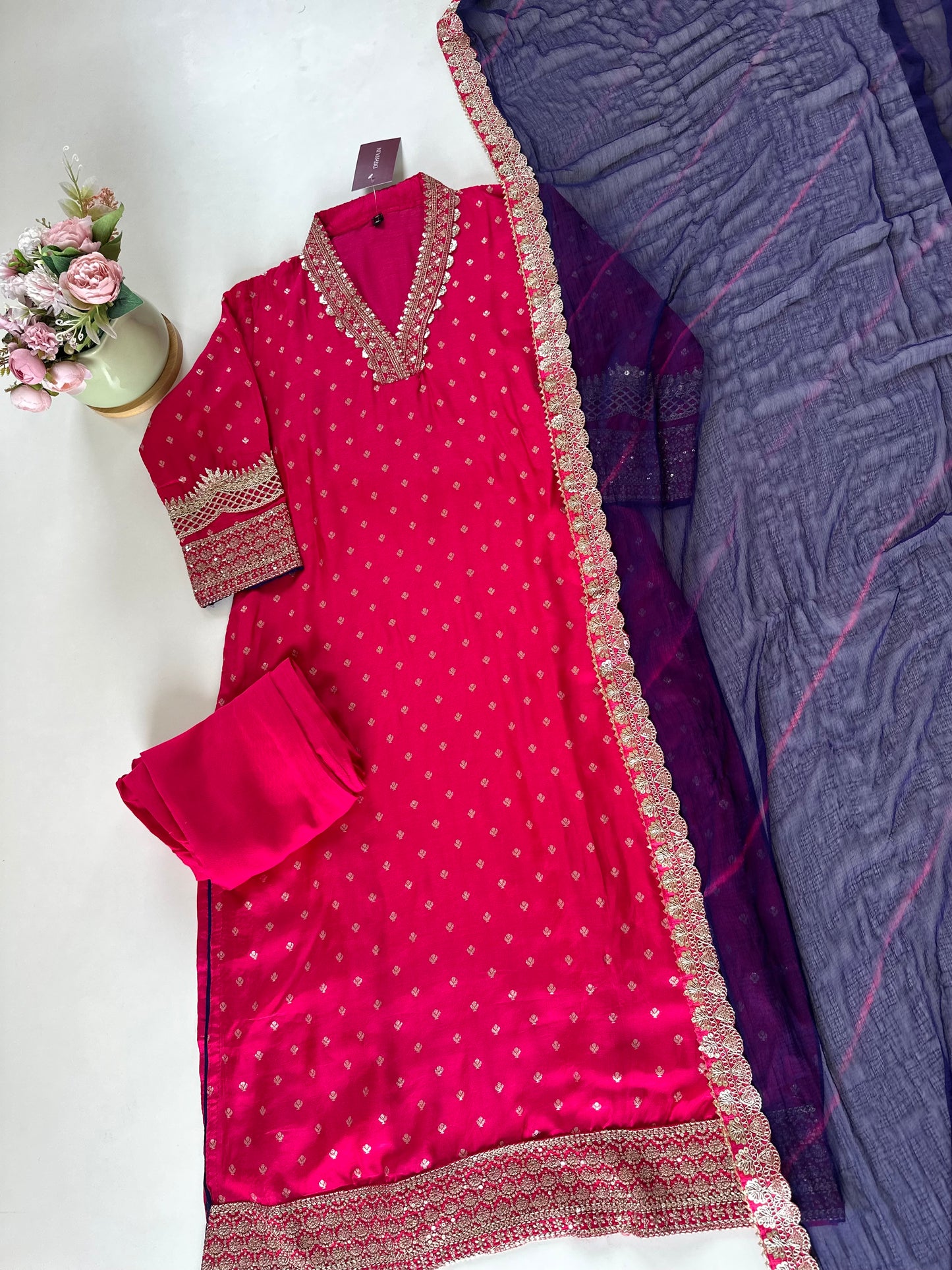 K181 - Jacquard silk Straight kurti with pants and chiffon leheriya dupatta in 2 colours.