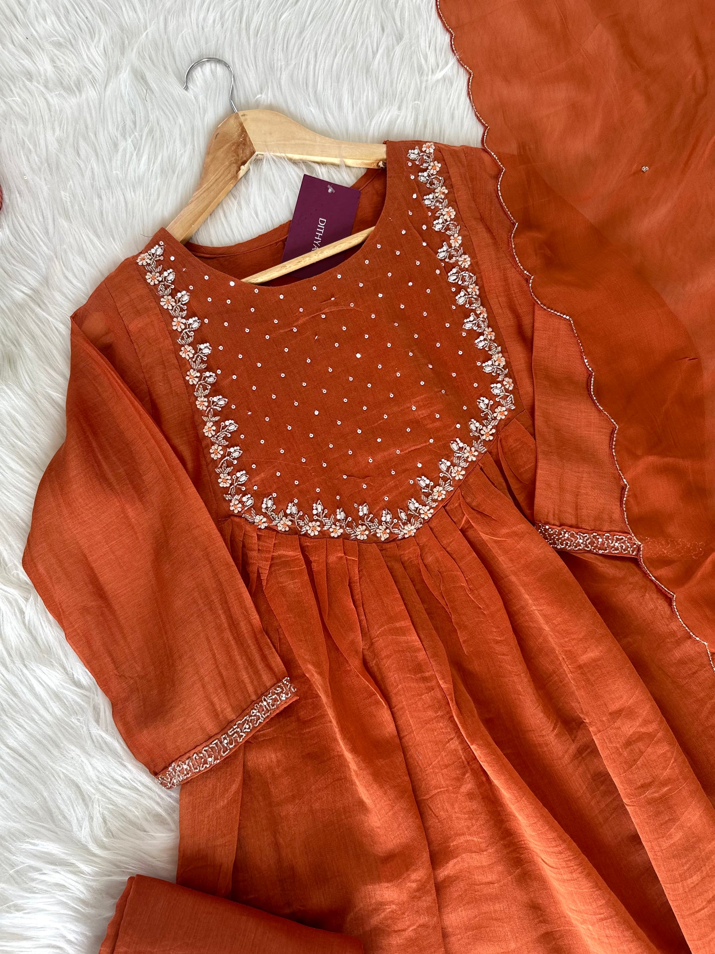 K087 - Mul Chanderi handwork Aline Kurti with pants and dupatta in 3 colours