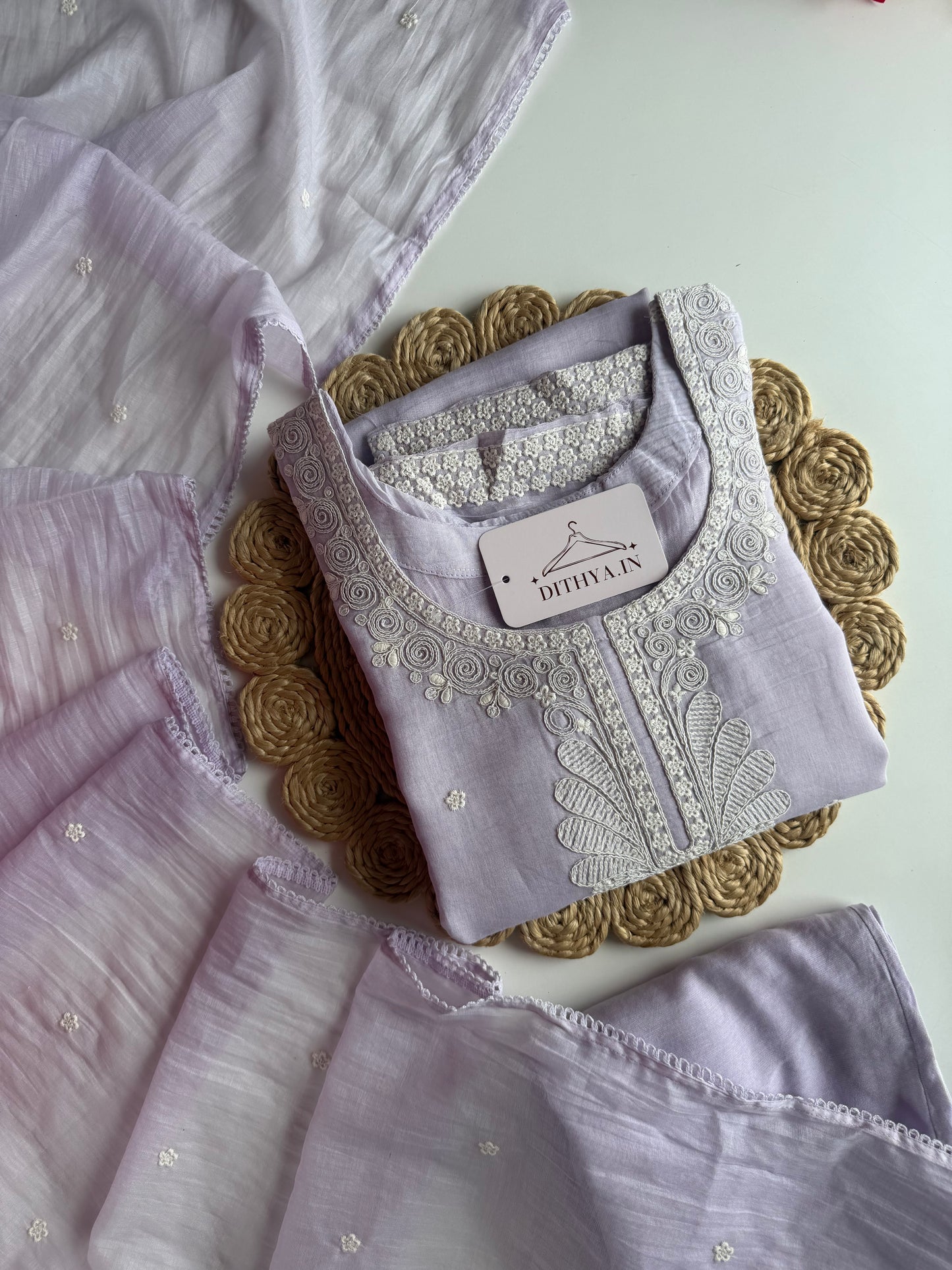 K419 - Mul chanderi embroidered straight Kurti with pants and dupatta