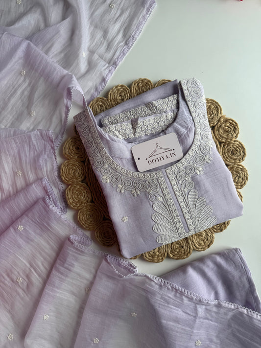 K419 - Mul chanderi embroidered straight Kurti with pants and dupatta