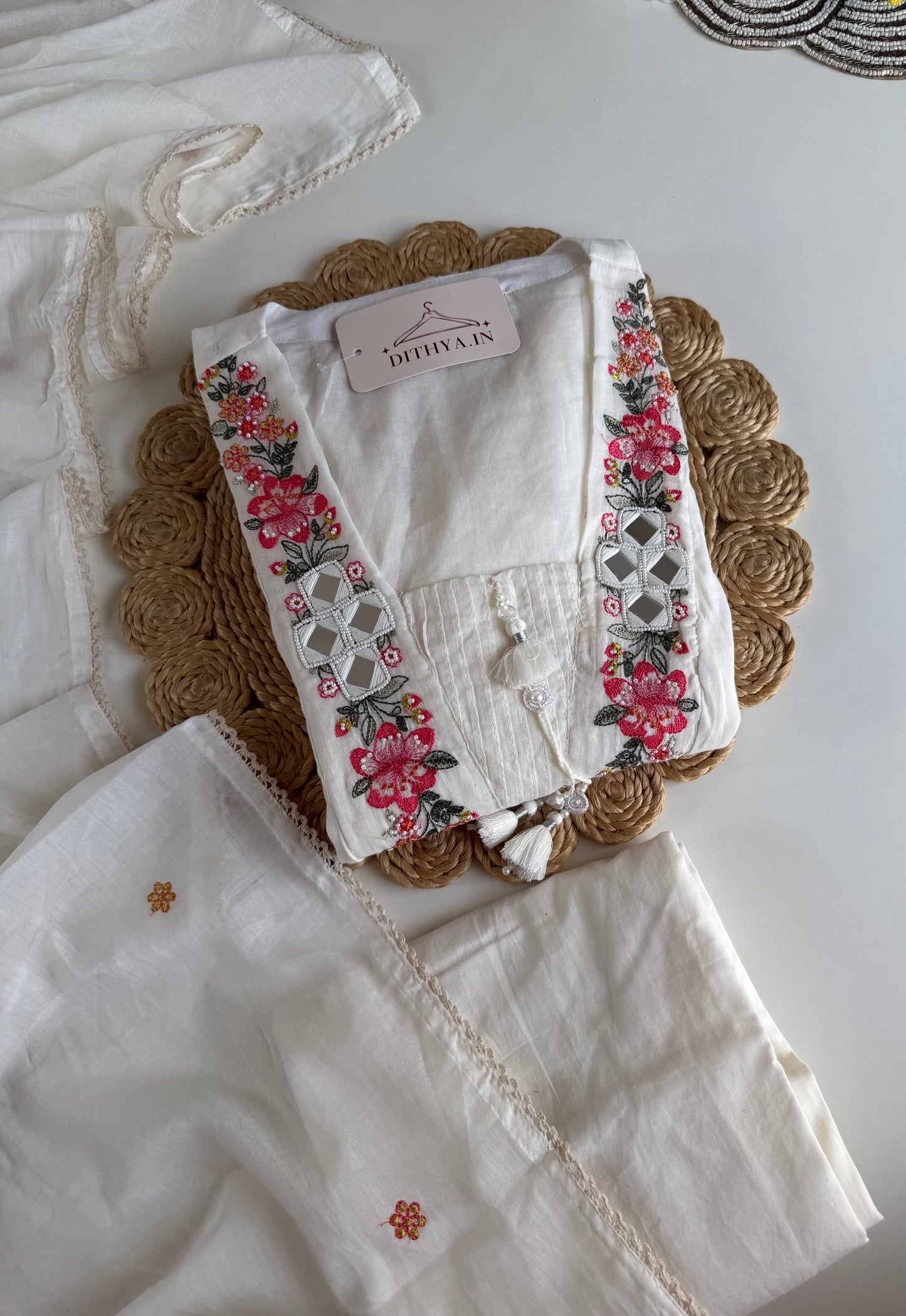 K629 - Mul cotton embroidered Aline Kurti with pants and dupatta