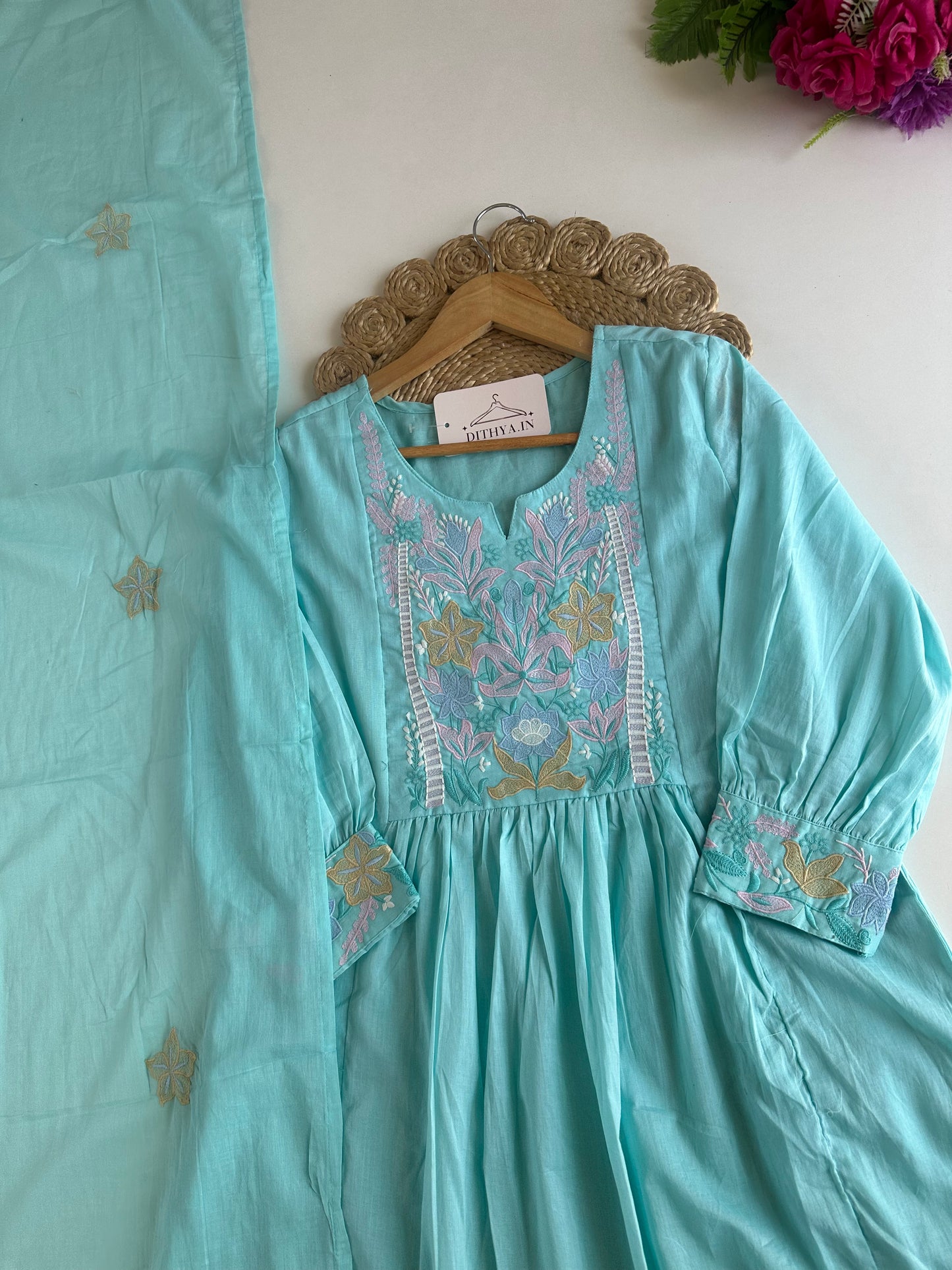 K076 - Mul cotton embroidered Anarkali with pants and dupatta