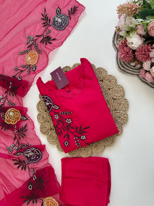 K074 - Russian silk Handwork straight kurti with pants and organza dupatta .