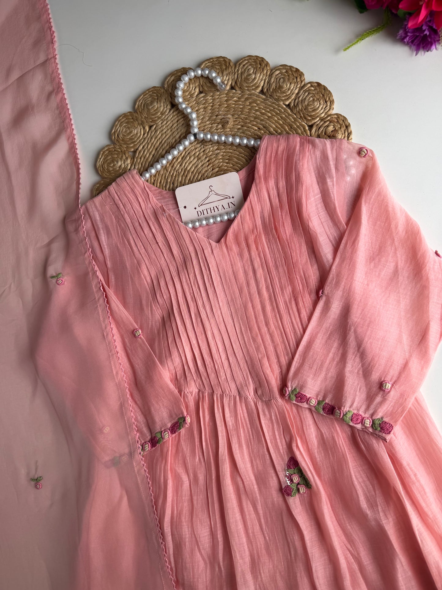 K262 - Mul chanderi embroidered Anarkali with pants and dupatta