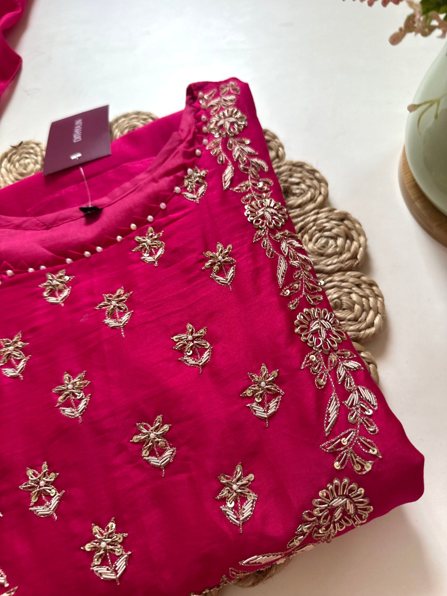 K147 - Zardosi Abuthai silk Aline kurti with pants and dupatta.