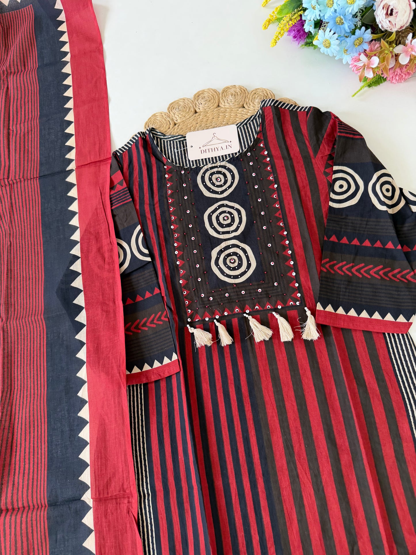 K032 - Mul cotton embroidered straight Kurti with pants and dupatta