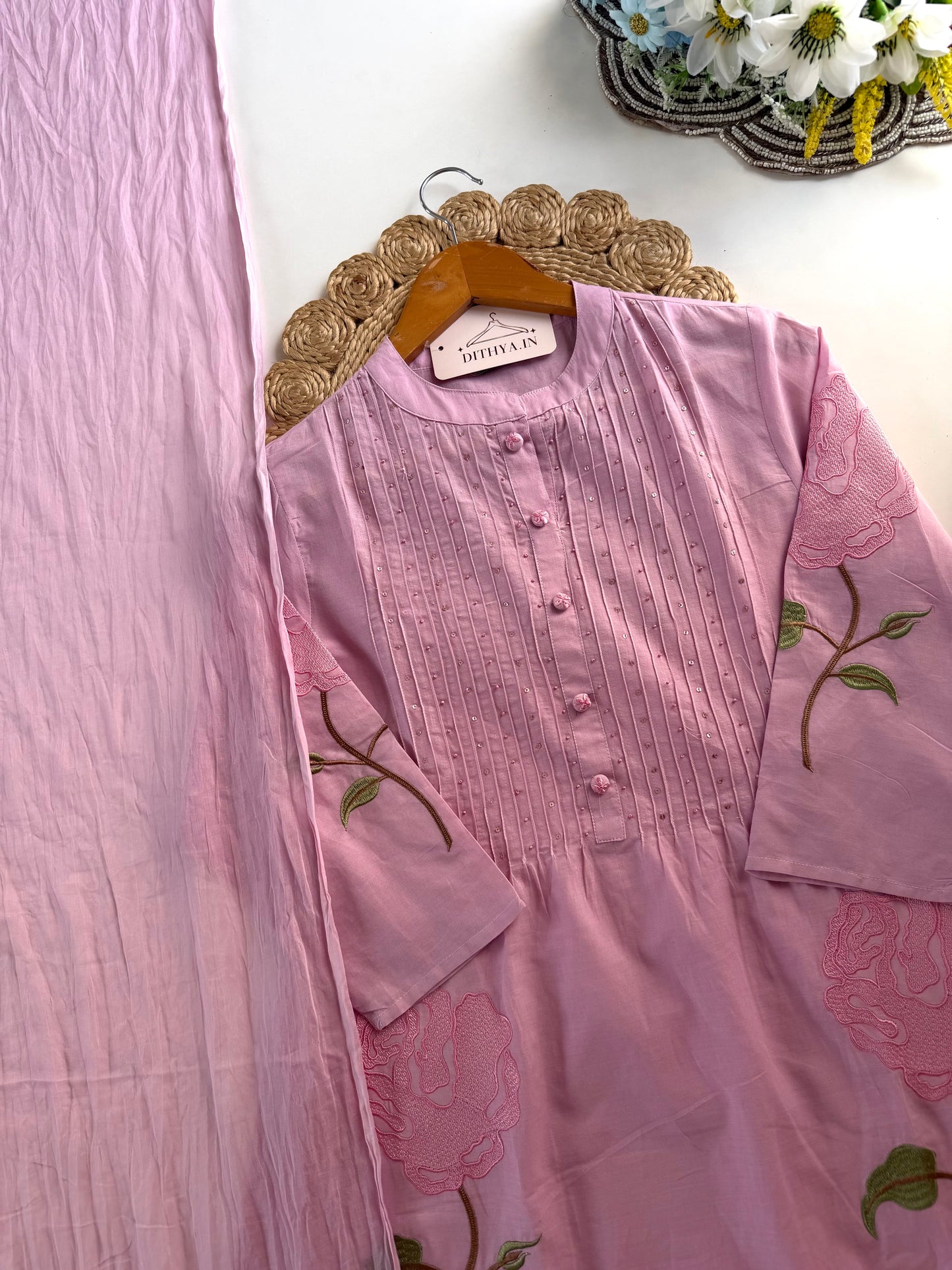 K446 - Mul cotton appliqué work aline Kurti with pants and dupatta