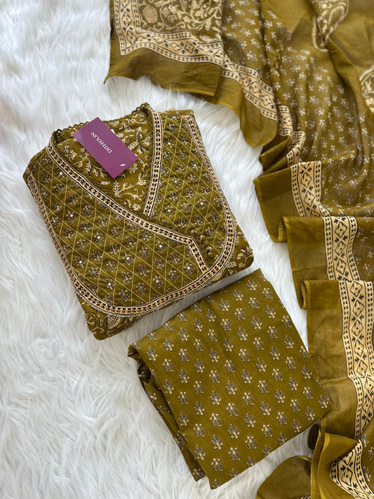 K055 - Cotton Handwork Anarkali with pants and dupatta in 2 colours