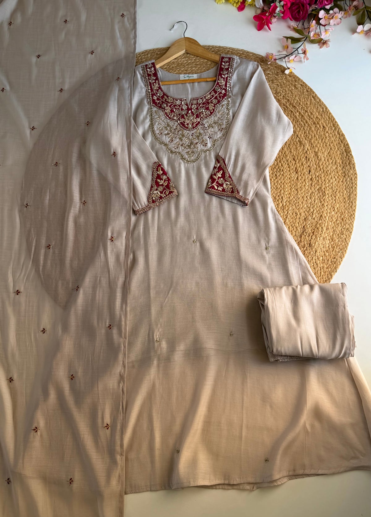 K090 - Surat Mul chanderi handwork aline Kurti with pants and dupatta