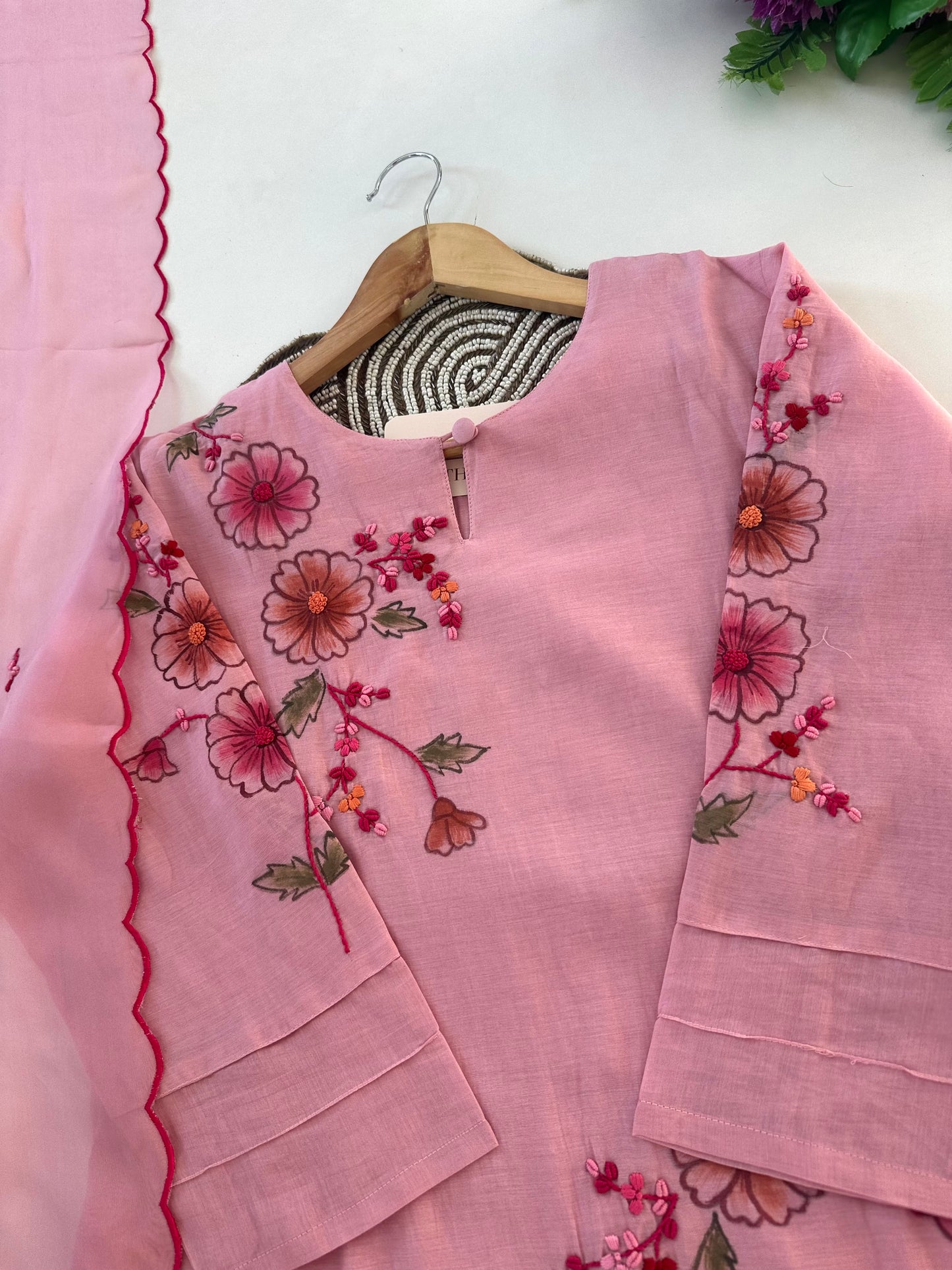 K380 - Mul chanderi hand painted and embroidered aline Kurti with pants and dupatta