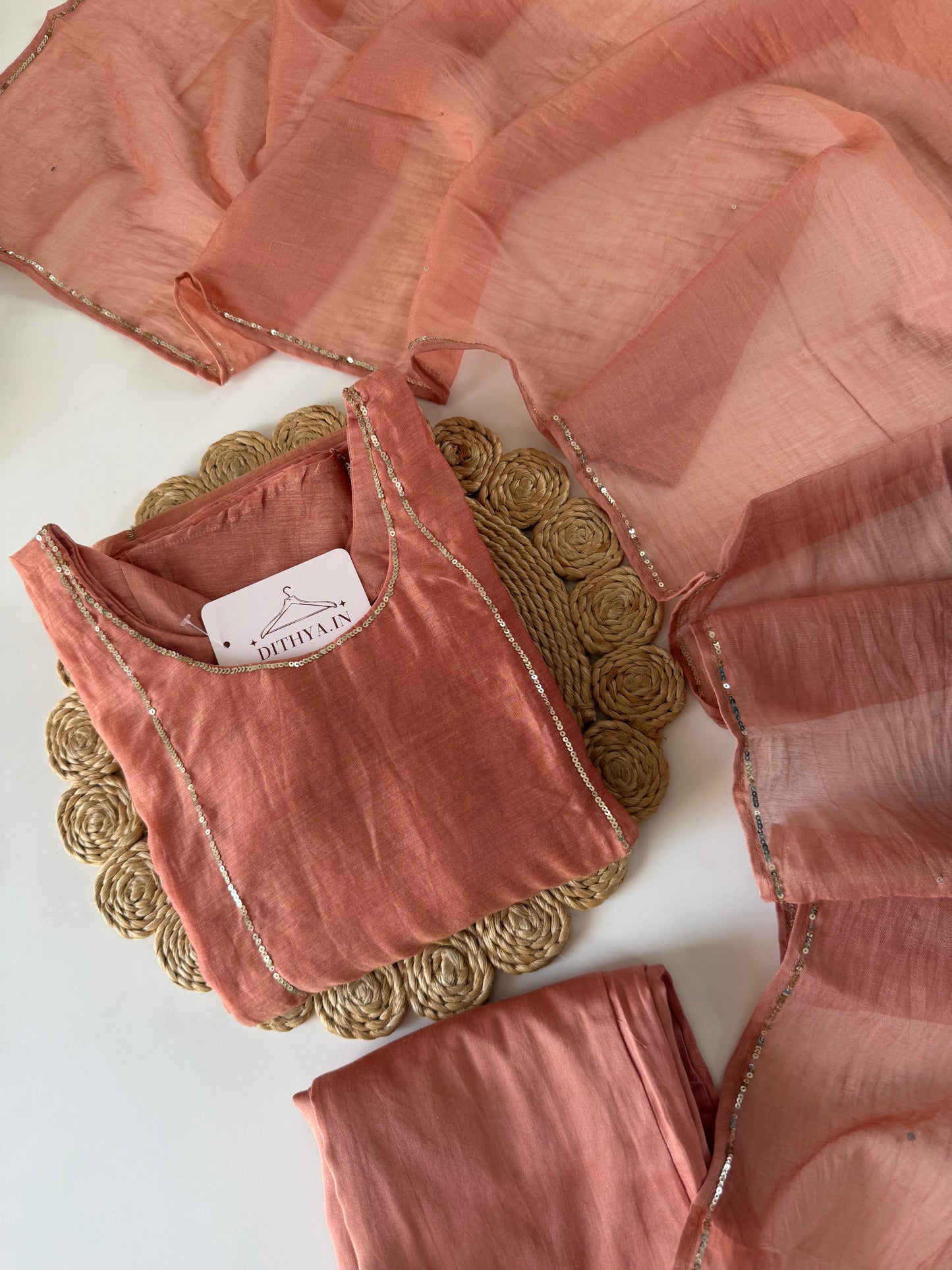 K089 - Mul chanderi handwork aline Kurti with pants and dupatta