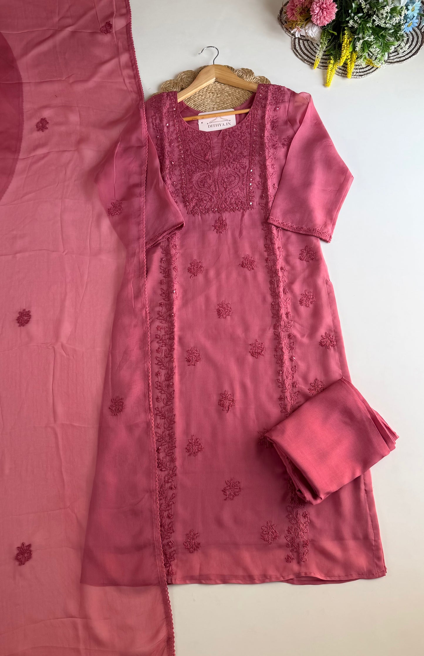 K654 - Viscose organza embroidered straight Kurti with pants and dupatta