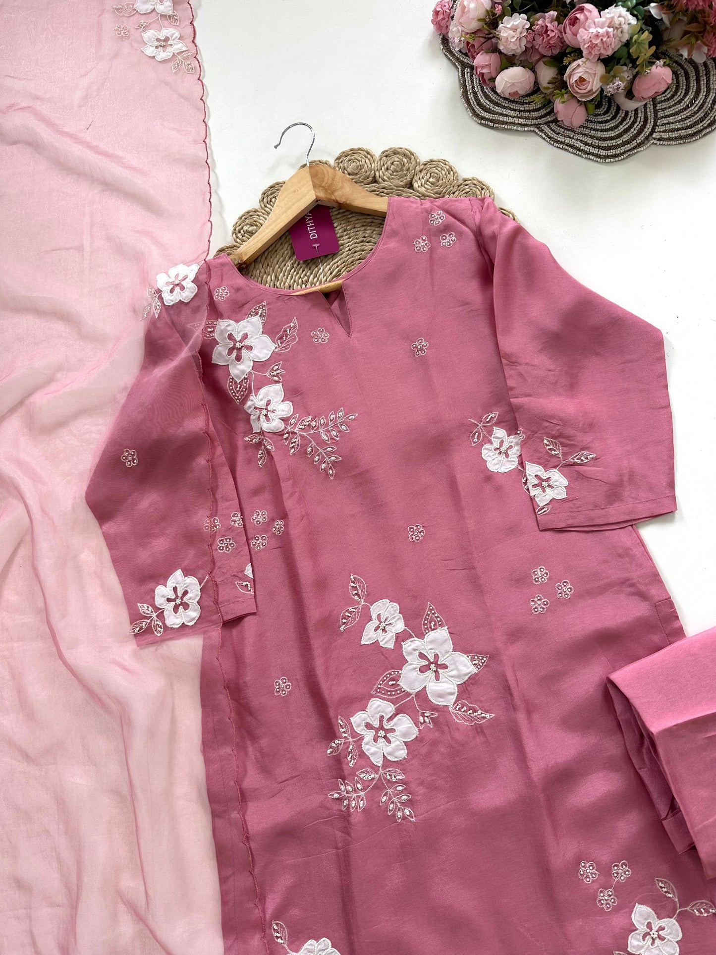 K085 - Russian silk appliqué work straight Kurti with pants and dupatta