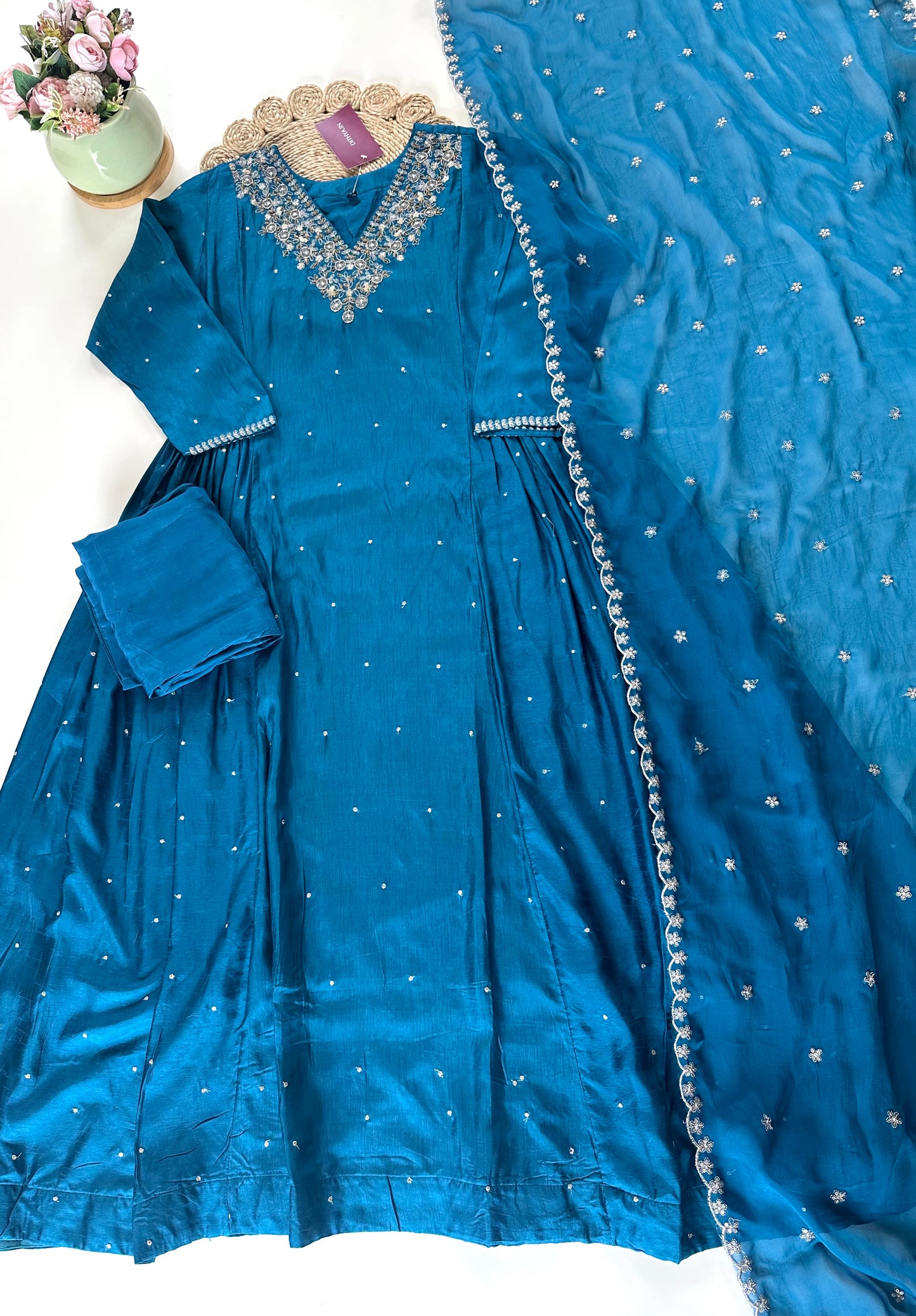 K039 - Russian silk handwork Anarkali with pants and organza dupatta .