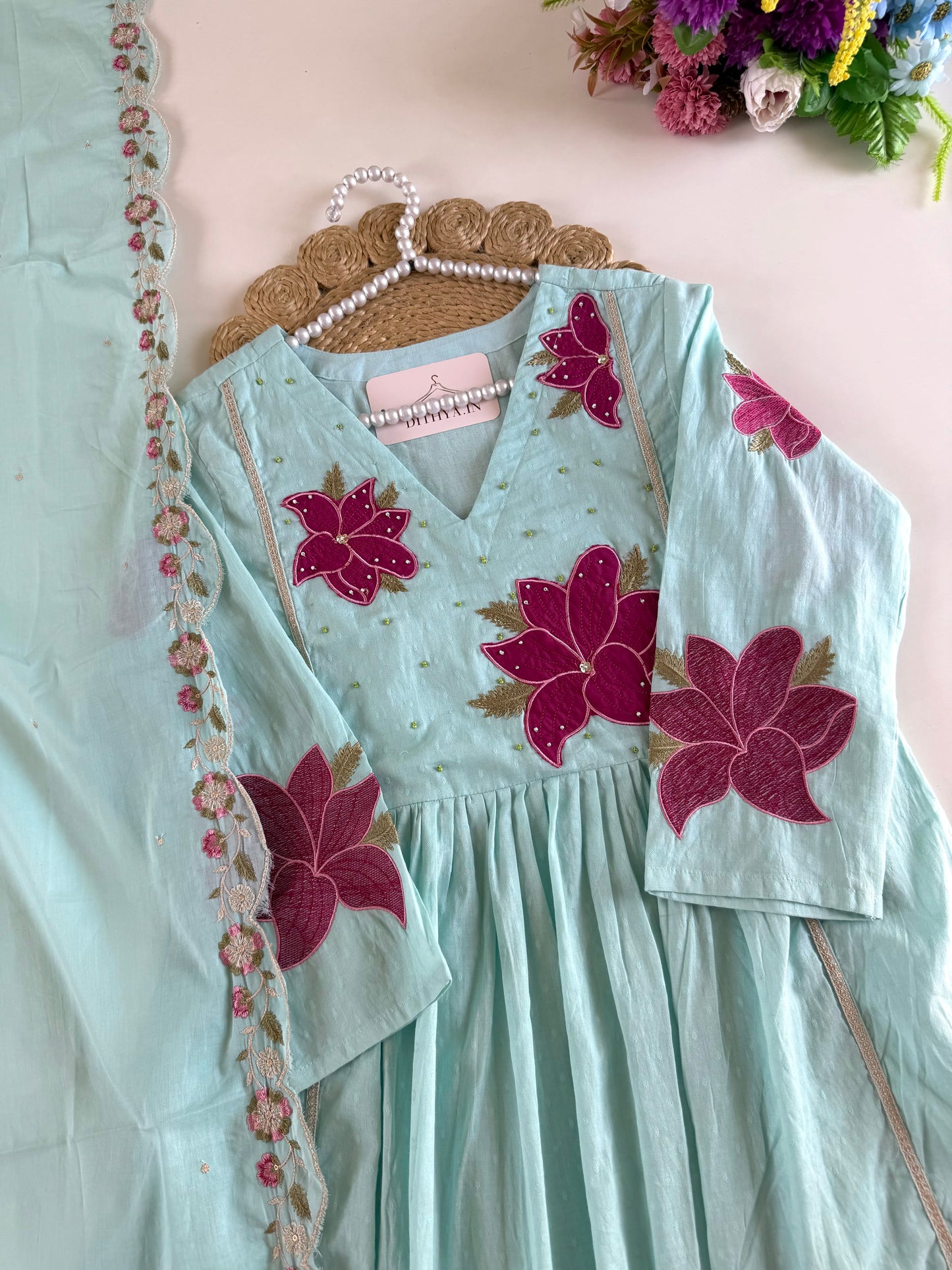 K411 - Mul Mul cotton embroidered Anarkali with pants and dupatta