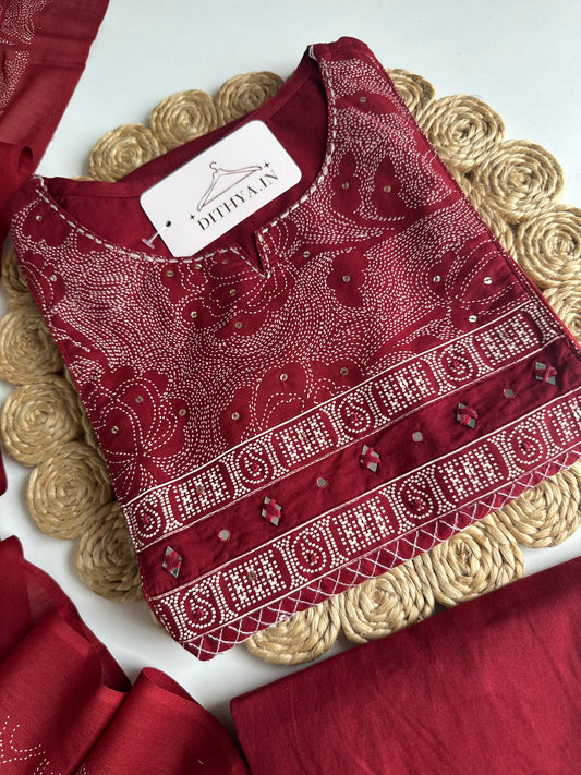 K669 - Mul cotton embroidered Aline Kurti with pants and dupatta
