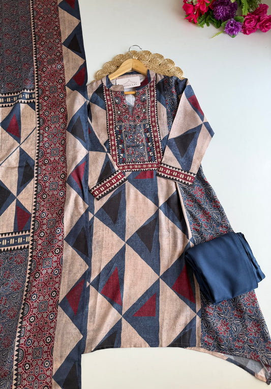 K413 - Pure muslin ajrakh Aline Kurti with pants and dupatta