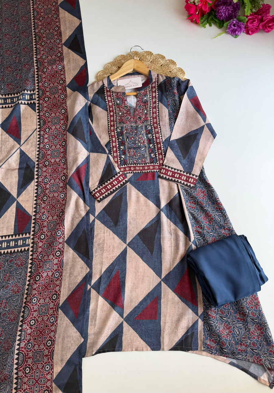 K413 - Pure muslin ajrakh Aline Kurti with pants and dupatta