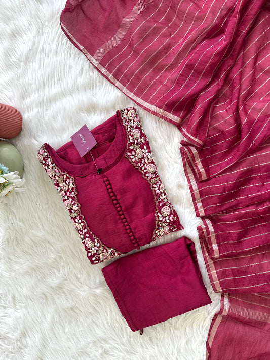 K235 - Mul chanderi handwork Aline Kurti with pants and dupatta