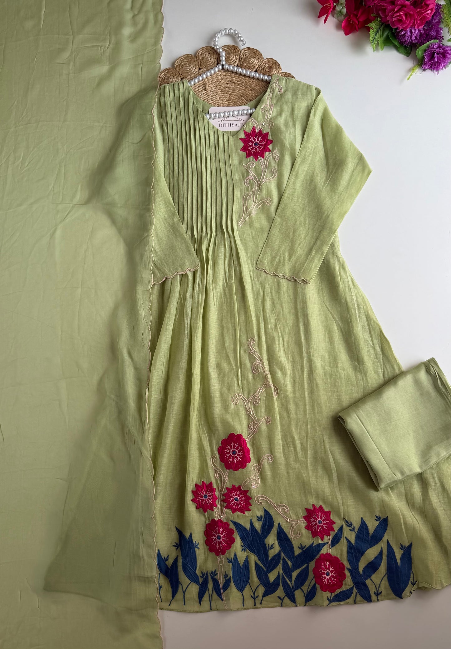 K152 - Mul chanderi appliqué handwork Anarkali with pants and dupatta