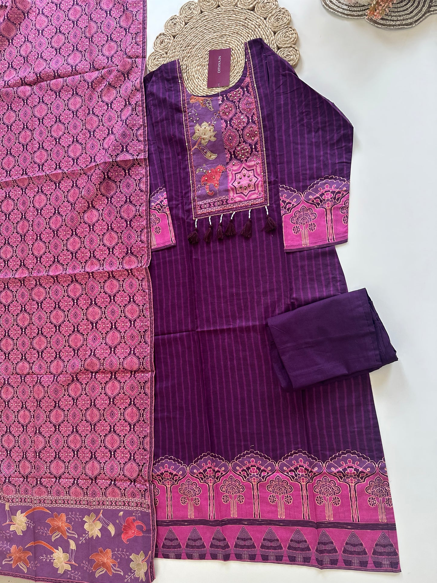 K345 - Cotton printed straight kurti with pants and dupatta.