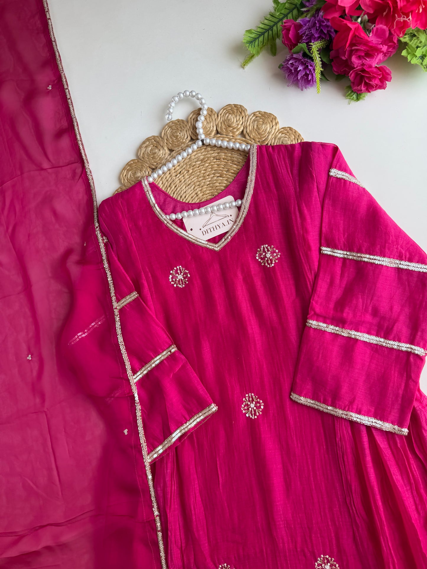 K524 - Mul chanderi handwork aline Kurti with pants and dupatta