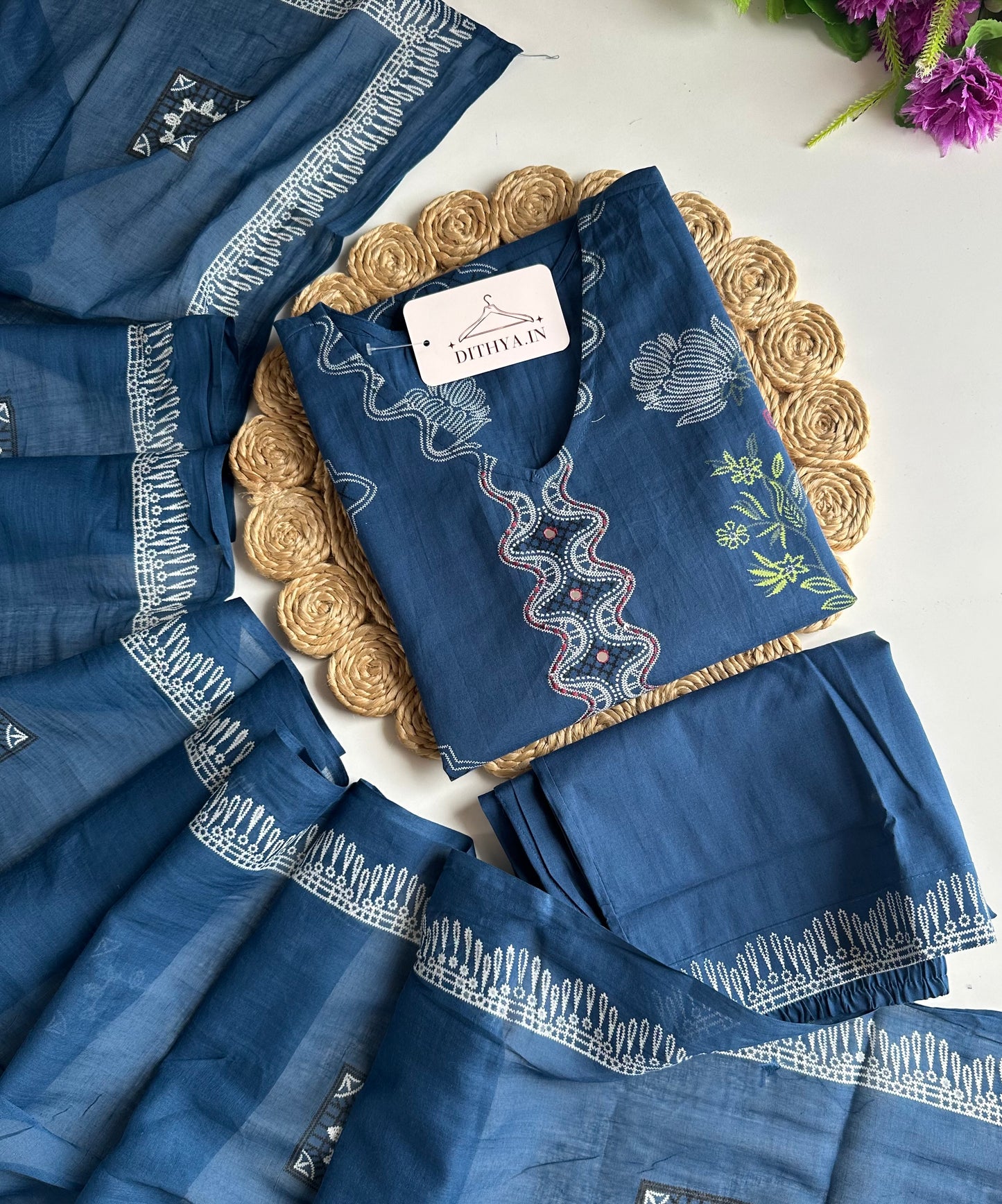 K418 - Mul cotton printed straight Kurti with pants and dupatta