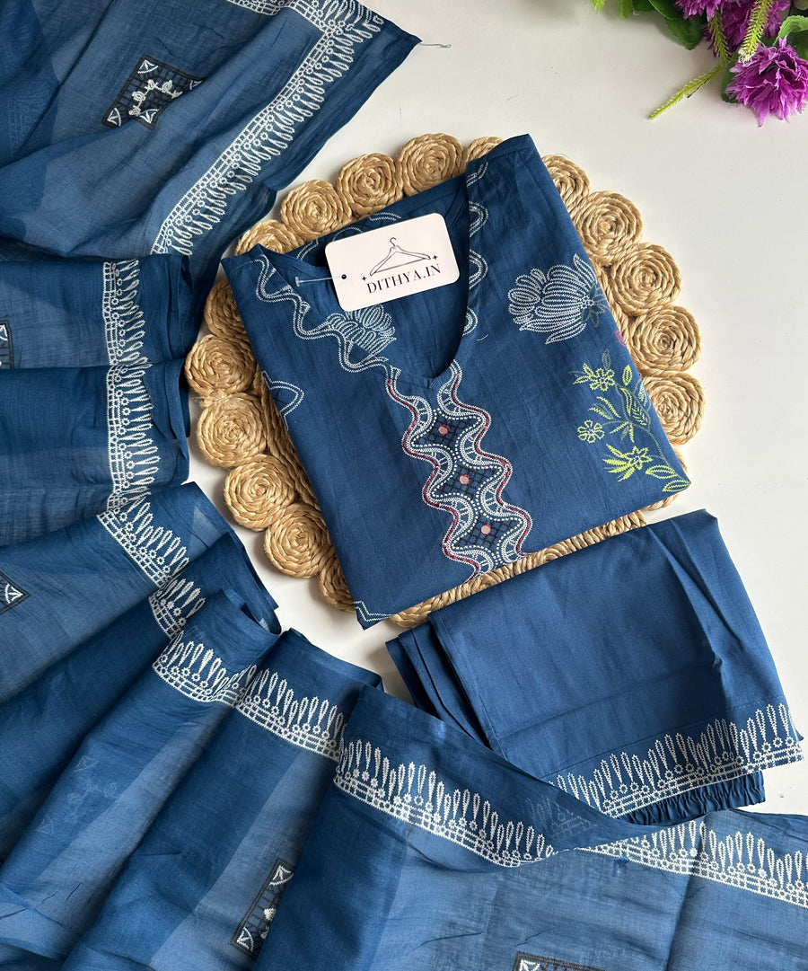 K418 - Mul cotton printed straight Kurti with pants and dupatta