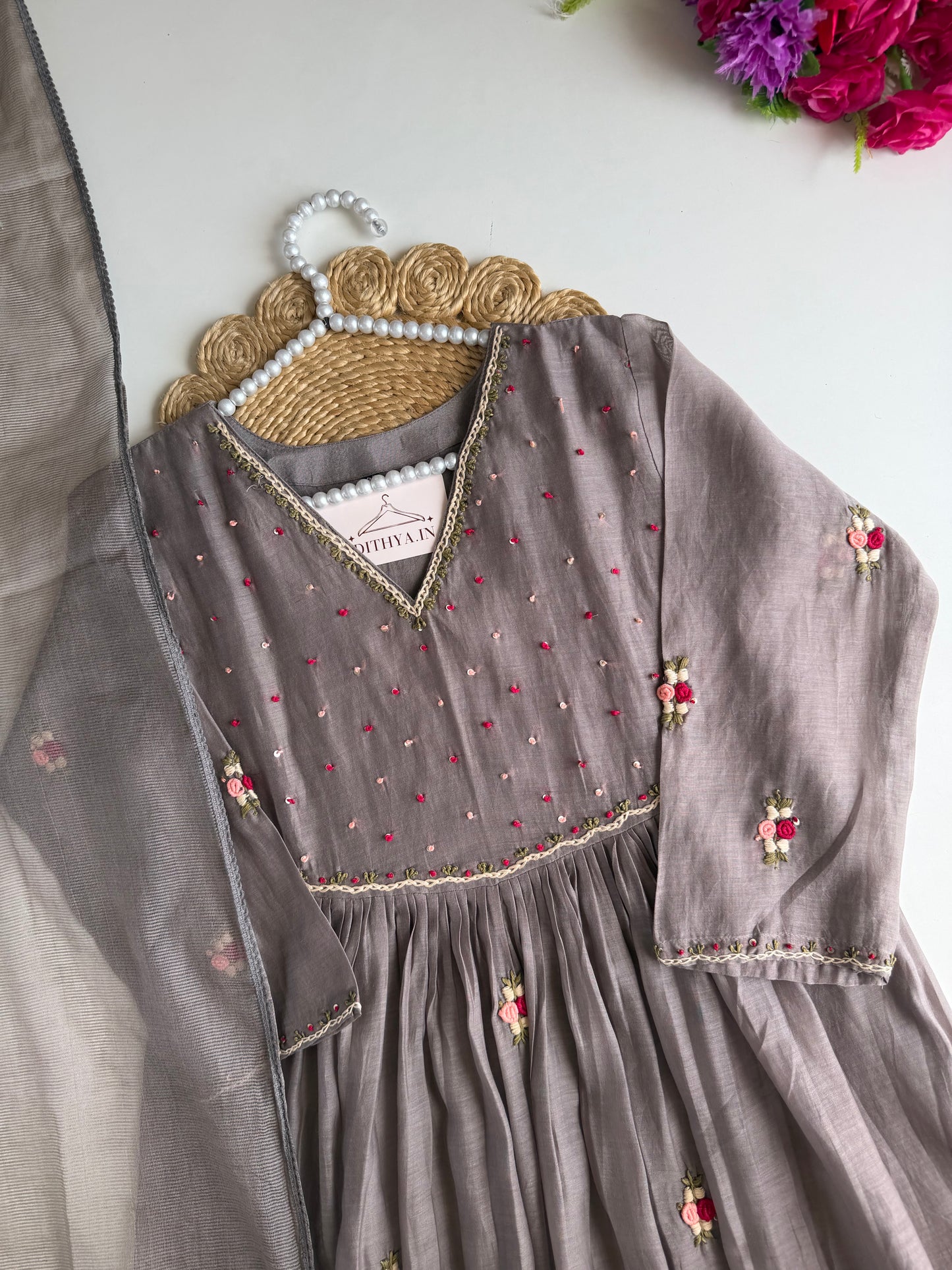 K562 - Mul chanderi embroidered Anarkali with pants and dupatta