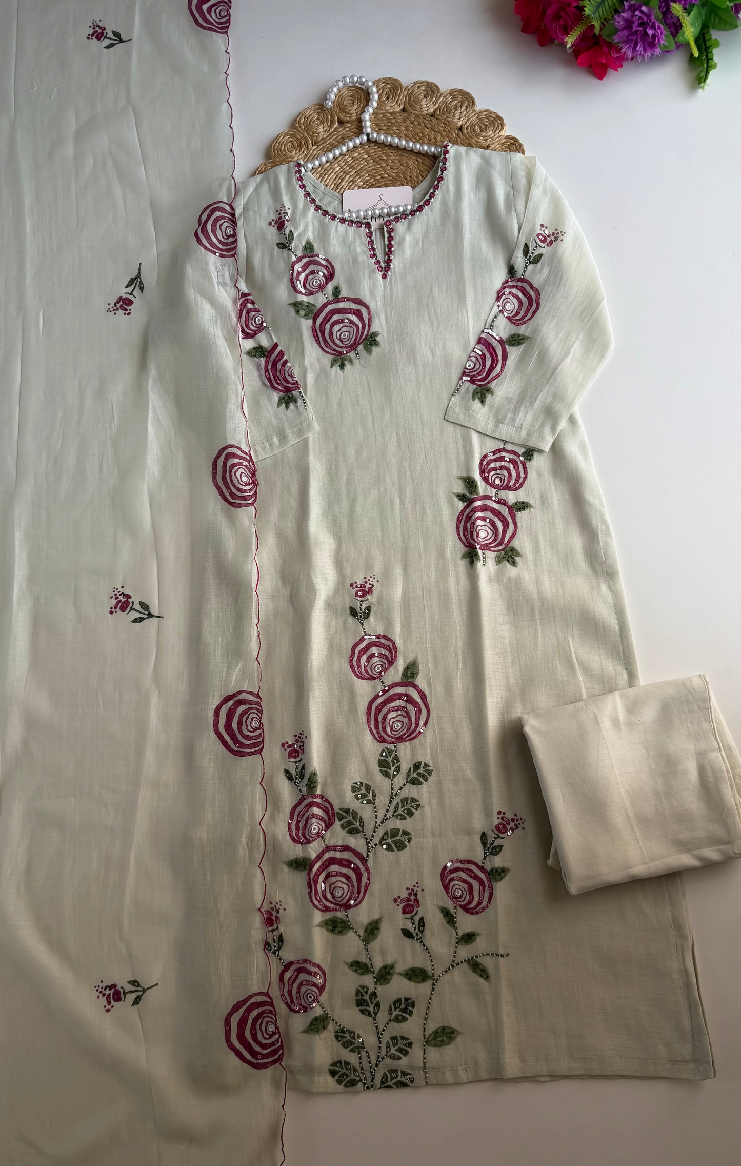 K280 - Mul chanderi handwork straight Kurti with pants and dupatta