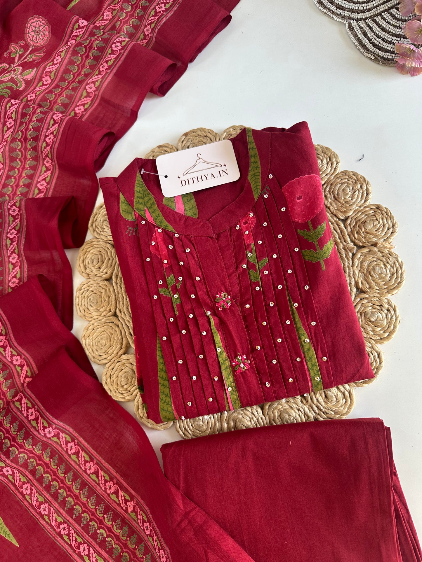 K693 - Mul cotton embroidered Aline Kurti with pants and dupatta