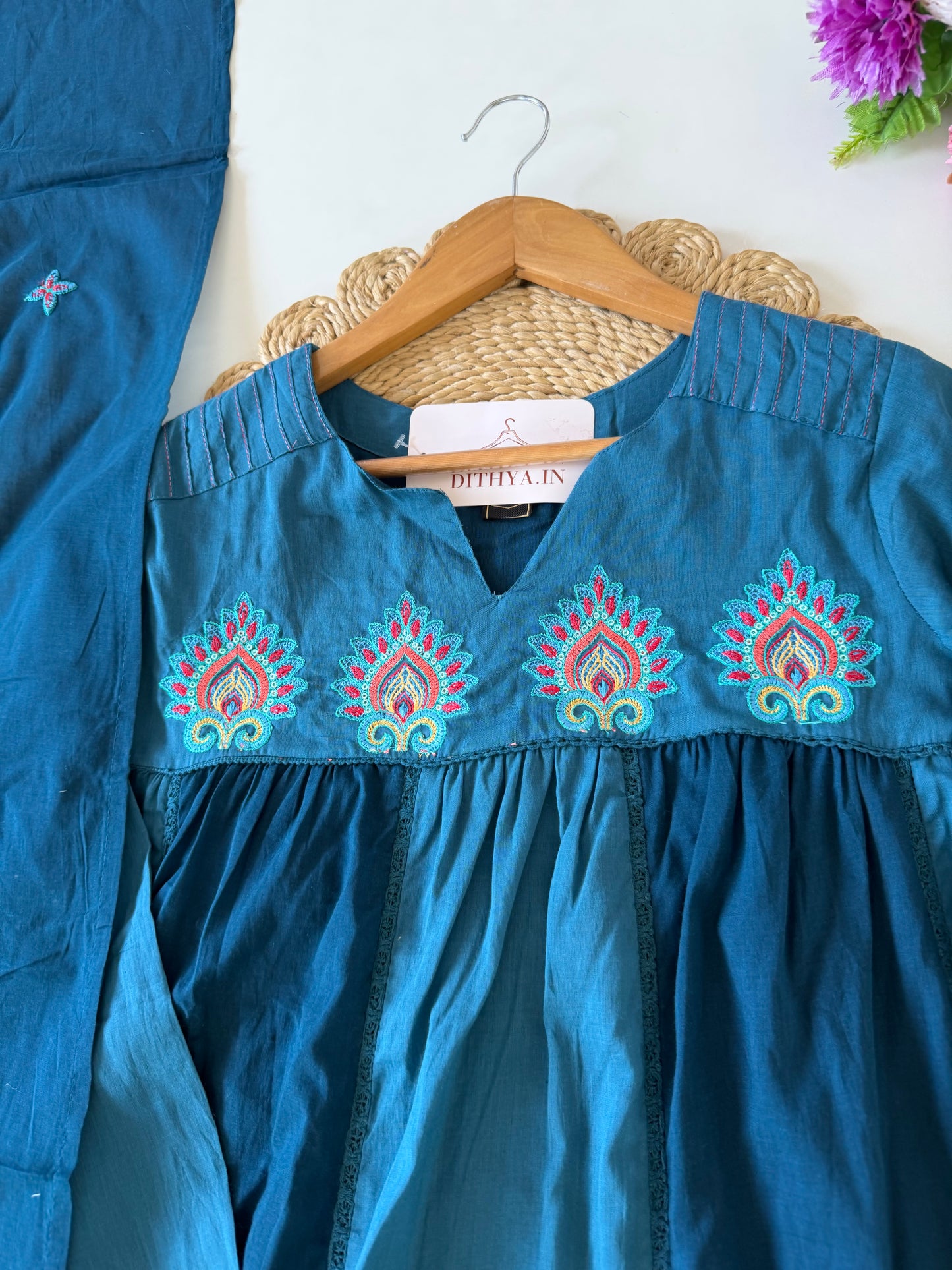 K633 - Mul cotton embroidered Anarkali with pants and dupatta