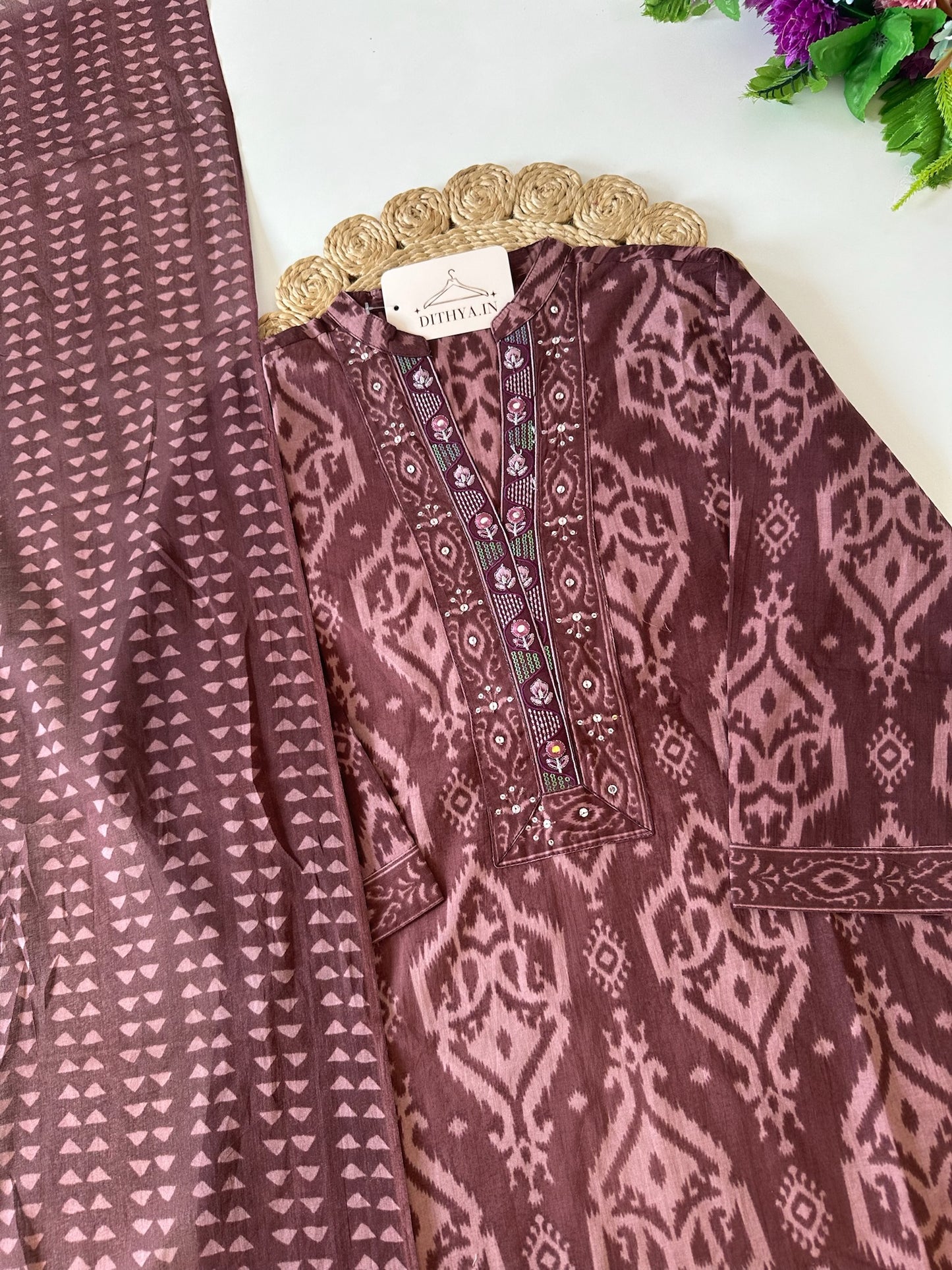K367 - Mul cotton embroidered straight Kurti with pants and dupatta