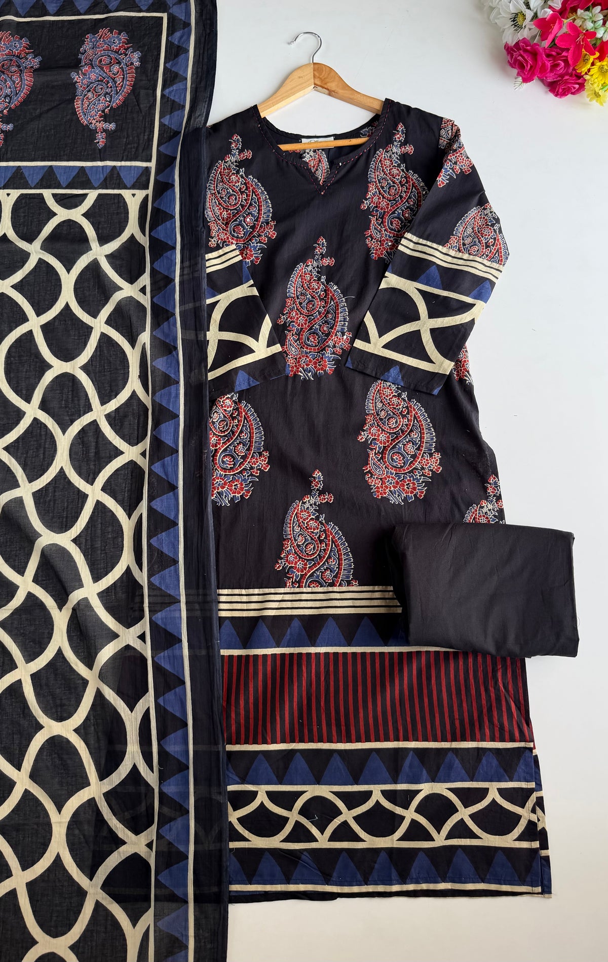 K647 - Mul cotton embroidered straight Kurti with pants and dupatta