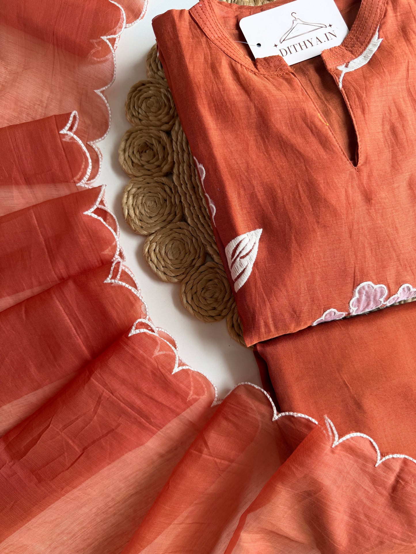 K537 - Mul chanderi appliqué work aline Kurti with pants and dupatta in 2 colours