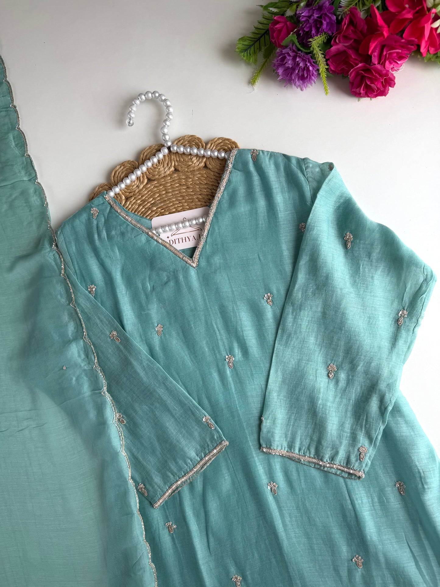 K132 - Mul chanderi handwork aline Kurti with pants and dupatta