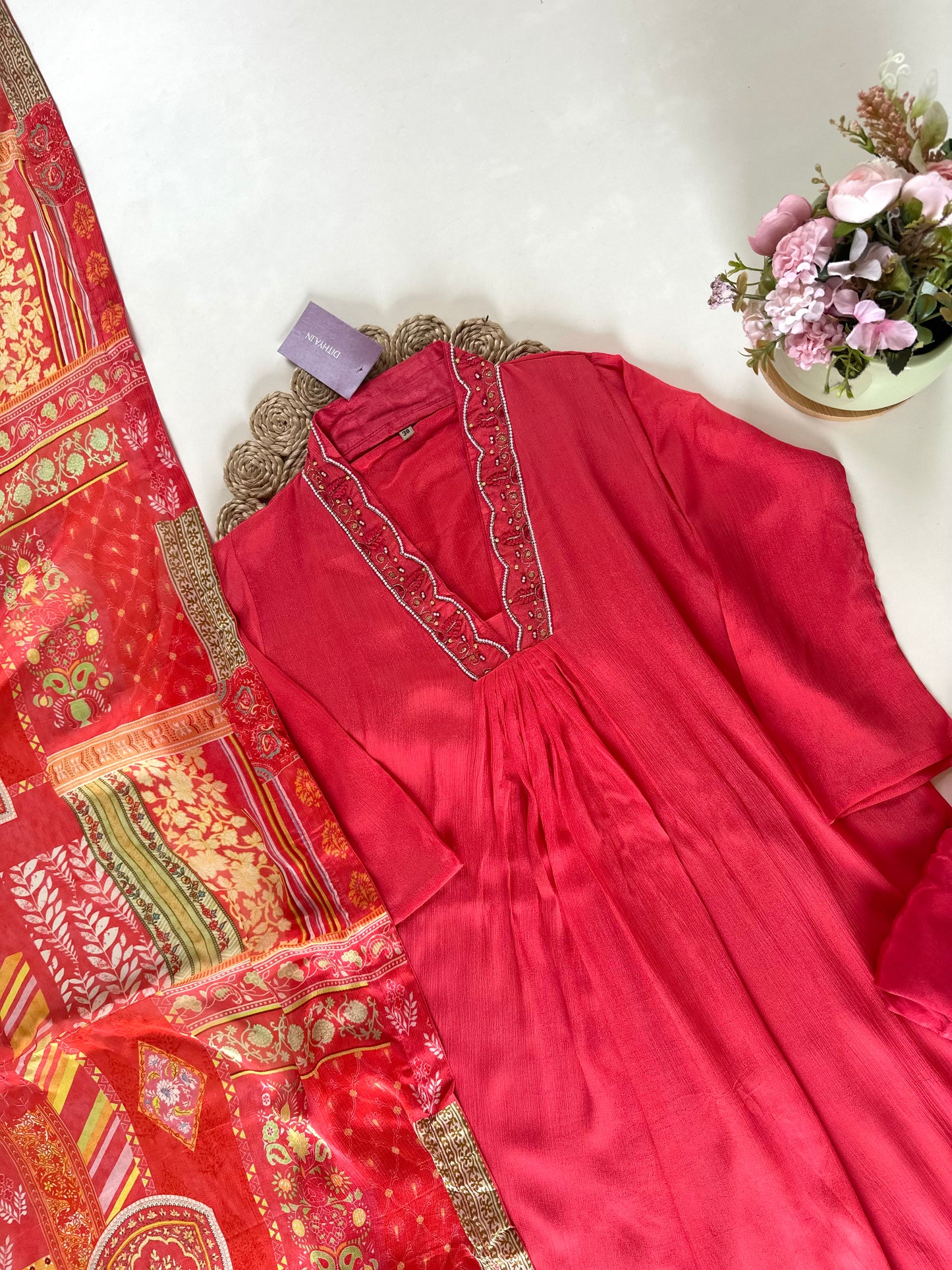 K327 - Pure chinnon Aline Kurti with pants and floral dupatta .