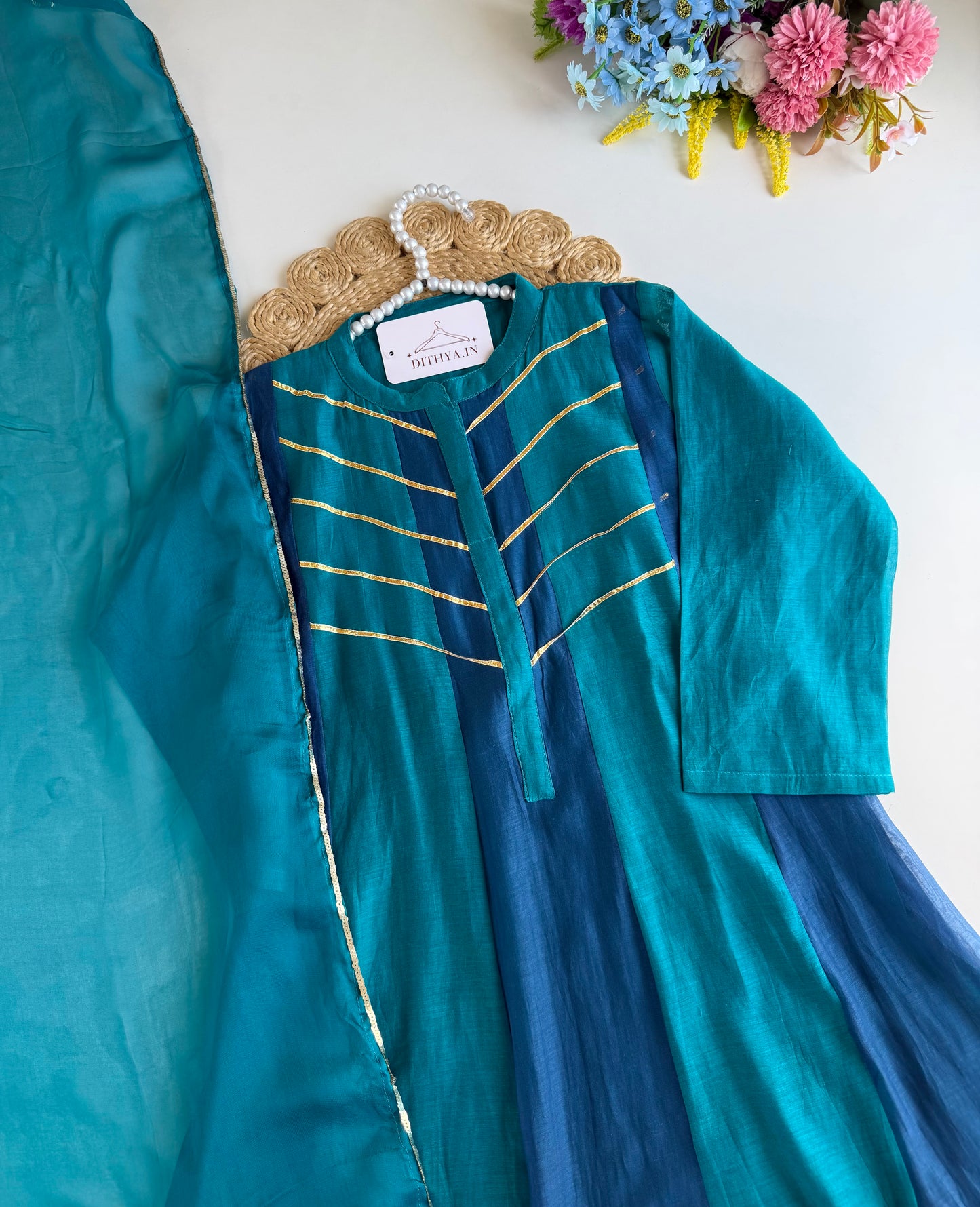 K704 - Mul chanderi handwork Anarkali with pants and dupatta