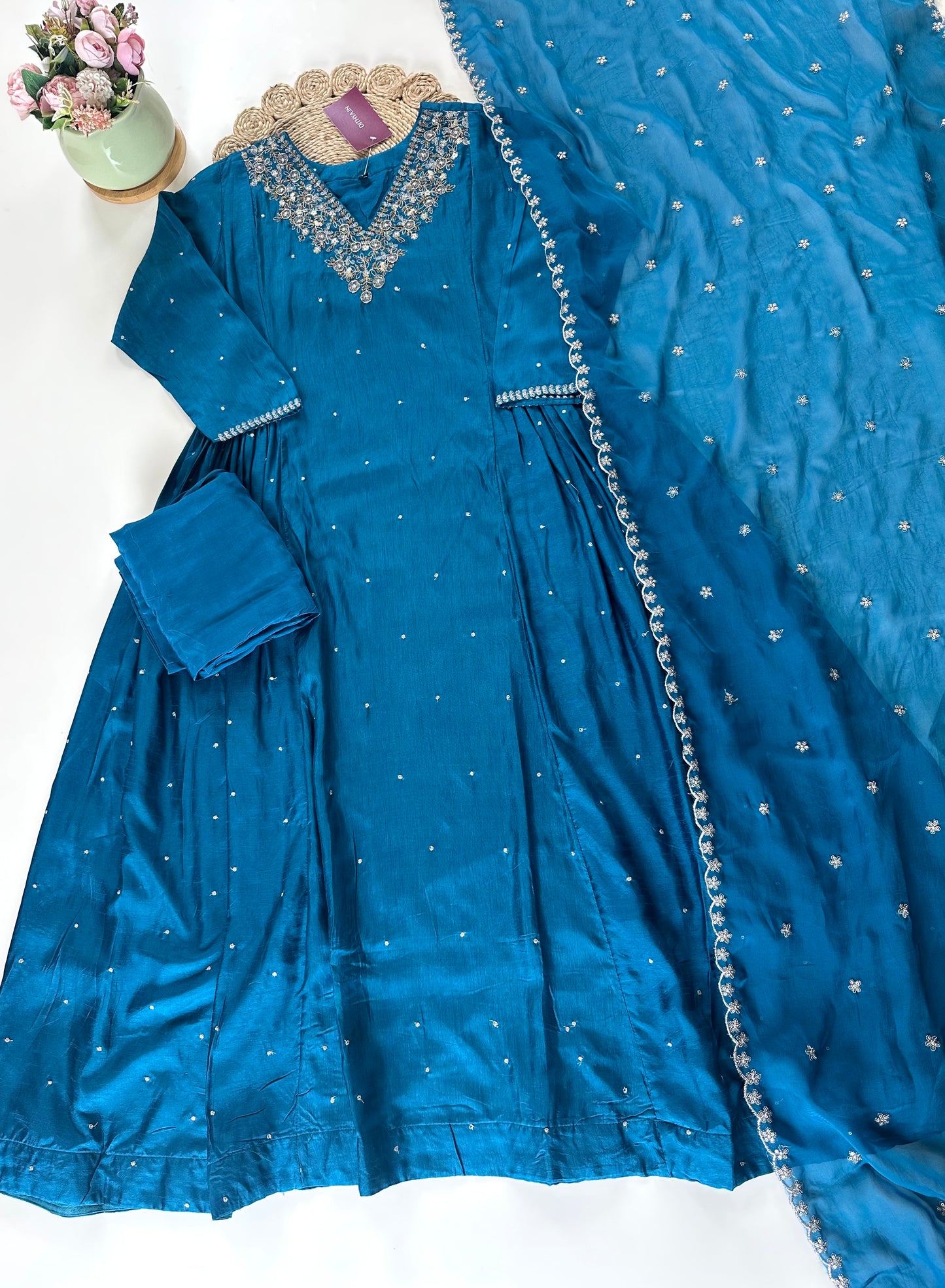 K039 - Russian silk handwork Anarkali with pants and organza dupatta .